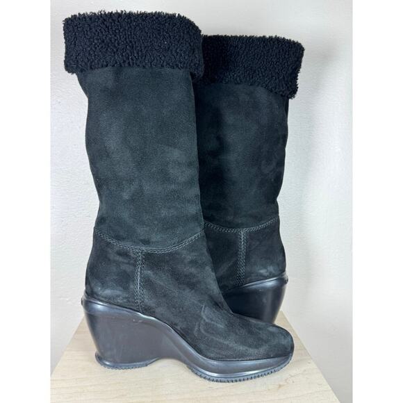 Hogan Suede Wedge Black Boots 37.5 Designer Leather Sherpa Lined Ski Snow Luxury - Picture 7 of 11